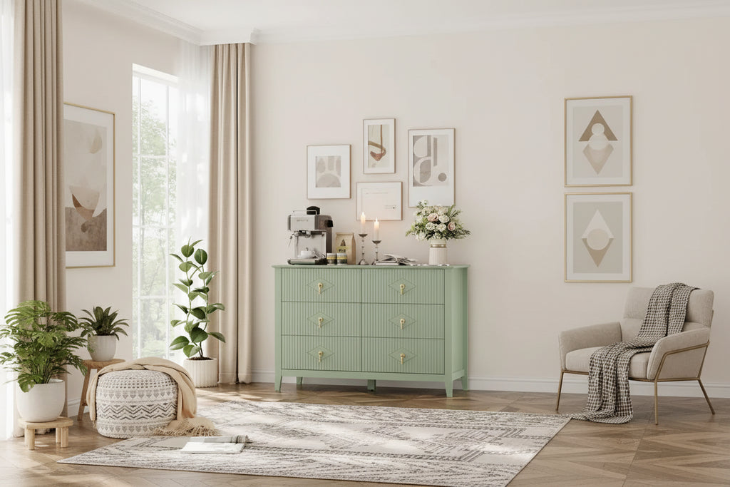 6-Drawer Dresser, Modern Wooden Bedroom Chest of Drawers With Storage Drawers, Farmhouse Style TV Stand for Living Room, Bedroom, Hallway
