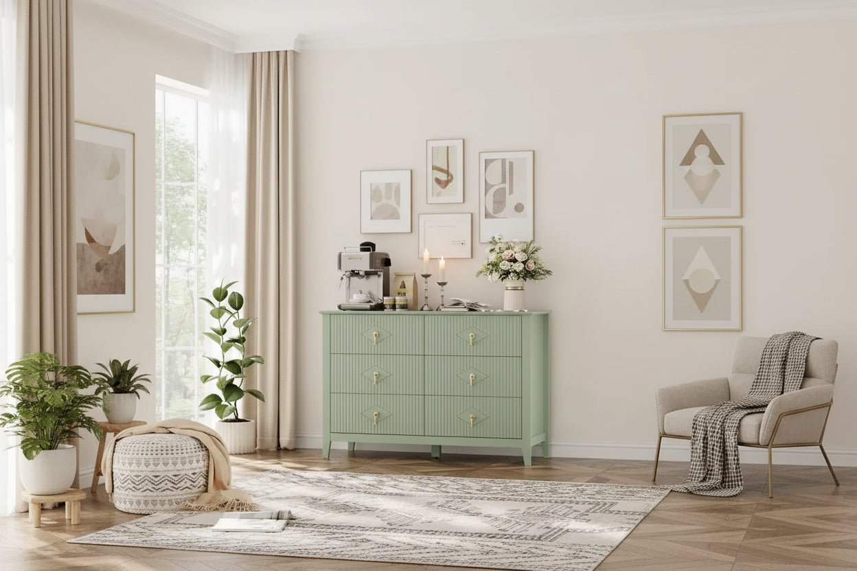 6-Drawer Dresser, Modern Wooden Bedroom Chest of Drawers With Storage Drawers, Farmhouse Style TV Stand for Living Room, Bedroom, Hallway