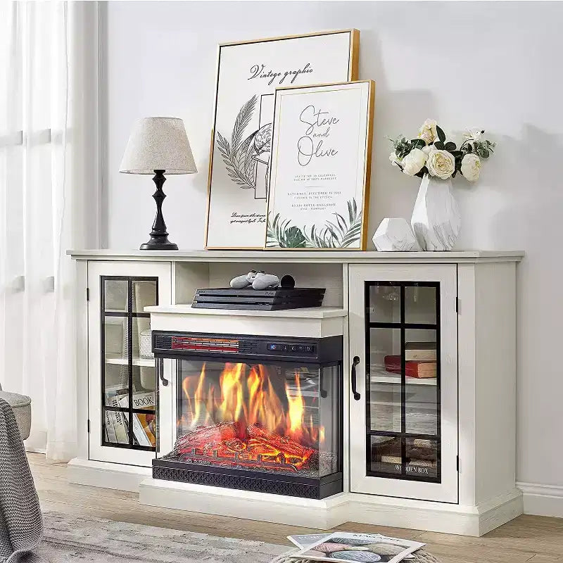 Fireplace TV Stand, 59'' TV Stand with Fireplace, Electric Fireplace Heater, Entertainment Center with Frame and LED Light Colors, TV Console Cabinet