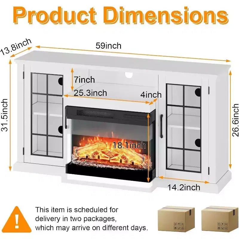 Mobile TV con caminetto, Mobile TV da 59'' con caminetto, Stufa elettrica con caminetto, Centro di intrattenimento con cornice e colori LED, Mobile consolle TV