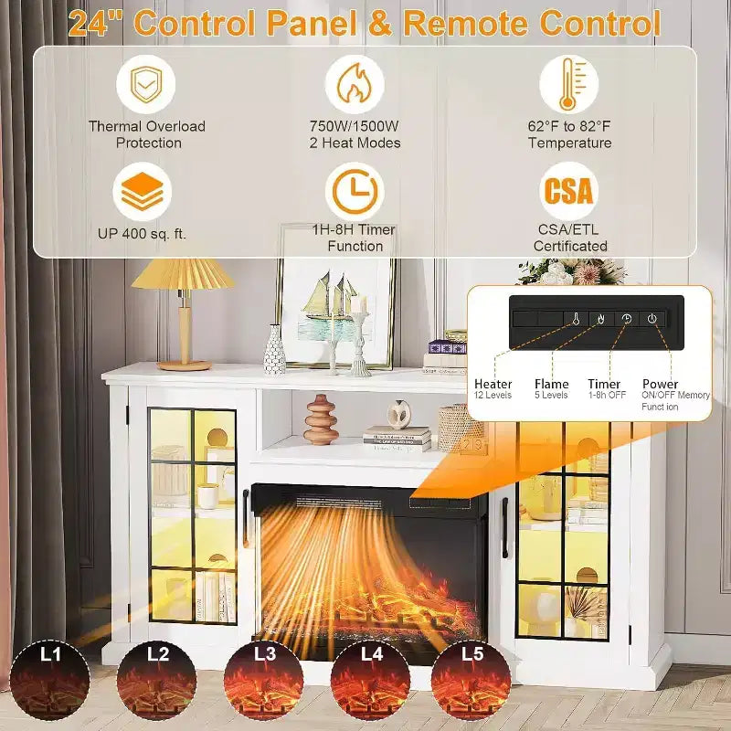 Mobile TV con caminetto, Mobile TV da 59'' con caminetto, Stufa elettrica con caminetto, Centro di intrattenimento con cornice e colori LED, Mobile consolle TV