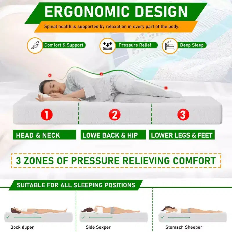 BestMassage Materasso in Memory Foam al Tè Verde da 12 Pollici, Materasso con Gel Rinfrescante, Rigidità Media