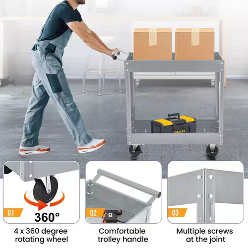 Carrello multiuso in metallo a 2 ripiani, acciaio resistente, 150 kg, organizzatore attrezzi su ruote con blocco per garage, officina, magazzino, nero