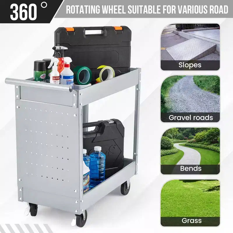 Carrello multiuso in metallo a 2 ripiani, acciaio resistente, 150 kg, organizzatore attrezzi su ruote con blocco per garage, officina, magazzino, nero