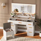 Toeletta con grande specchio e luci, scrivania da trucco da 45,9 pollici, luminosità regolabile, presa di corrente, 8 cassetti, per bagno di servizio e camera da letto