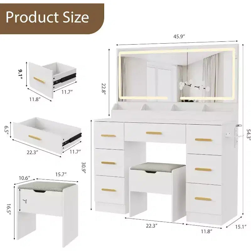 Toeletta con grande specchio e luci, scrivania da trucco da 45,9 pollici, luminosità regolabile, presa di corrente, 8 cassetti, per bagno di servizio e camera da letto