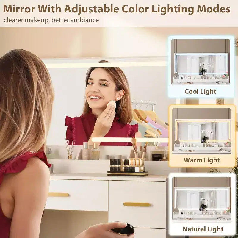 Toeletta con grande specchio e luci, scrivania da trucco da 45,9 pollici, luminosità regolabile, presa di corrente, 8 cassetti, per bagno di servizio e camera da letto