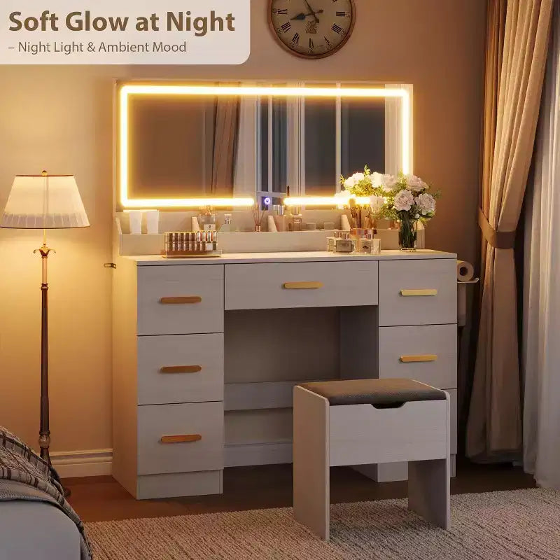 Toeletta con grande specchio e luci, scrivania da trucco da 45,9 pollici, luminosità regolabile, presa di corrente, 8 cassetti, per bagno di servizio e camera da letto