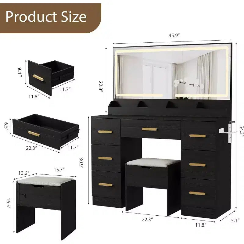 Toeletta con grande specchio e luci, scrivania da trucco da 45,9 pollici, luminosità regolabile, presa di corrente, 8 cassetti, per bagno di servizio e camera da letto