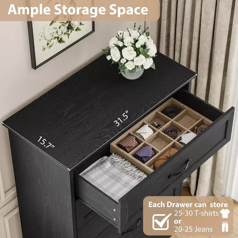 Cassettiera Farmhouse a 5 cassetti, Comò alto moderno con venatura del legno naturale e ampie maniglie in metallo, per camera da letto, soggiorno