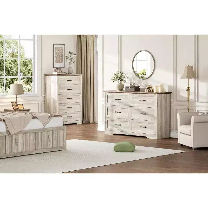 Cassettiera Farmhouse a 5 cassetti, Comò alto moderno con venatura del legno naturale e ampie maniglie in metallo, per camera da letto, soggiorno