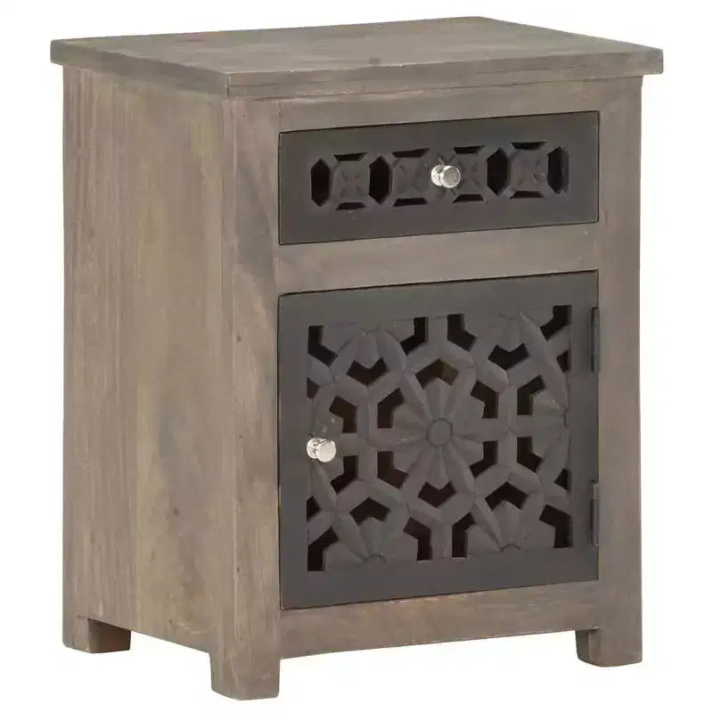 vidaXL Comodino in Legno Massello di Mango - Marrone, Stile Classico, Design a Fiori Intagliati, Comodino/Tavolino con Cassetto e Armadietto