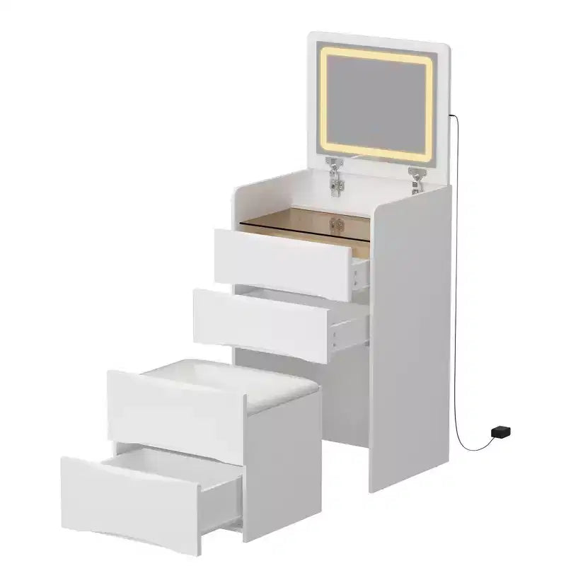 Toeletta Bianca Famapy con Specchio Illuminato a LED, Cassetti e Sgabello Mobile, 3 Modalità di Luce, Comodino/Toeletta per Bambini, Scrivania, Regalo di Natale