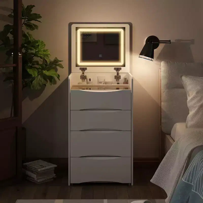 Toeletta Bianca Famapy con Specchio Illuminato a LED, Cassetti e Sgabello Mobile, 3 Modalità di Luce, Comodino/Toeletta per Bambini, Scrivania, Regalo di Natale