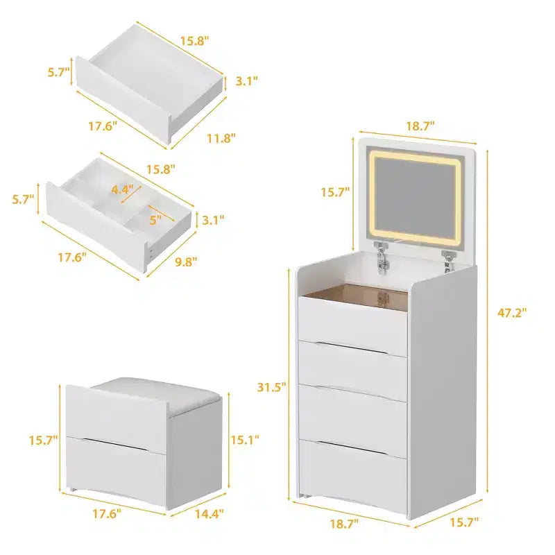 Toeletta Bianca Famapy con Specchio Illuminato a LED, Cassetti e Sgabello Mobile, 3 Modalità di Luce, Comodino/Toeletta per Bambini, Scrivania, Regalo di Natale