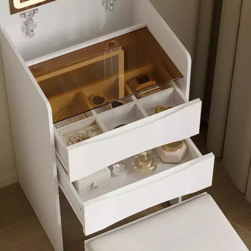 Toeletta Bianca Famapy con Specchio Illuminato a LED, Cassetti e Sgabello Mobile, 3 Modalità di Luce, Comodino/Toeletta per Bambini, Scrivania, Regalo di Natale