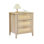 Comodino in Rattan, Comodino Boho con 3 Cassetti in Rattan Naturale, Tavolino da Notte con Robuste Gambe in Legno, Tavolino Moderno con Cassetti Contenitori