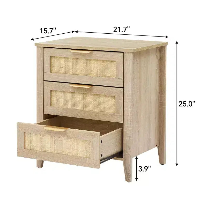 Comodino in Rattan, Comodino Boho con 3 Cassetti in Rattan Naturale, Tavolino da Notte con Robuste Gambe in Legno, Tavolino Moderno con Cassetti Contenitori
