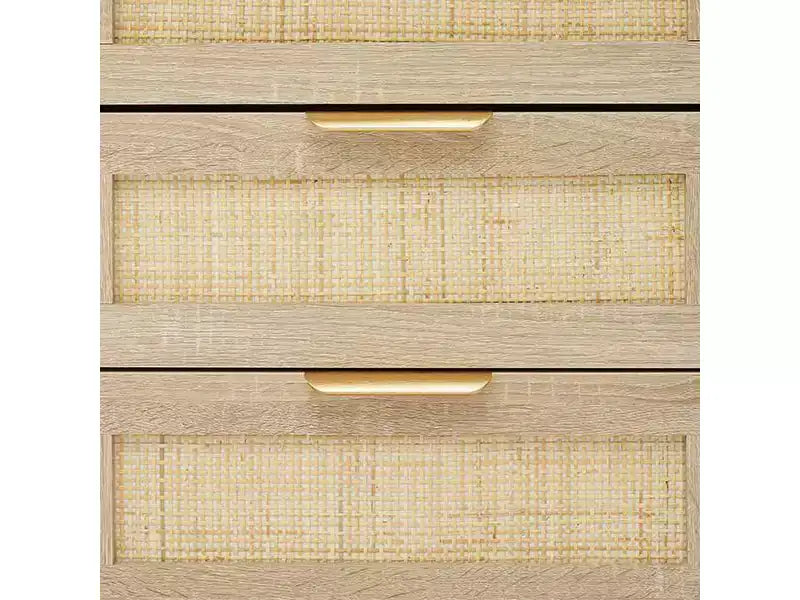 Comodino in Rattan, Comodino Boho con 3 Cassetti in Rattan Naturale, Tavolino da Notte con Robuste Gambe in Legno, Tavolino Moderno con Cassetti Contenitori