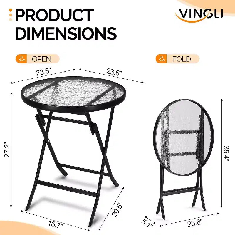 VINGLI Tavolino Laterale Pieghevole in Vetro per Esterni, Tavolino da Balcone Pieghevole da 60 cm con Piano in Vetro Temperato, Rotondo