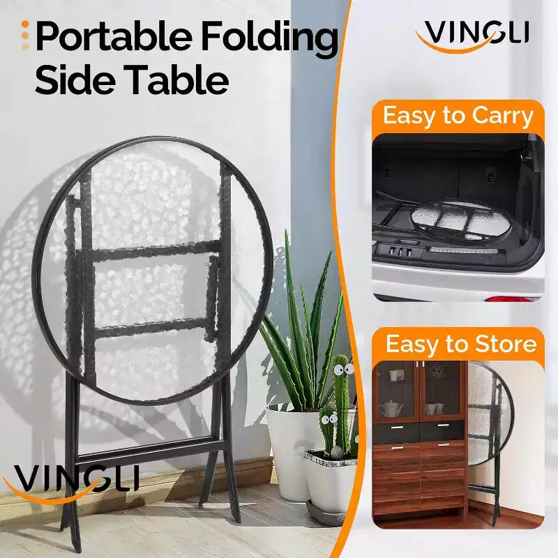 VINGLI Tavolino Laterale Pieghevole in Vetro per Esterni, Tavolino da Balcone Pieghevole da 60 cm con Piano in Vetro Temperato, Rotondo