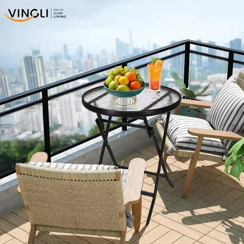 VINGLI Tavolino Laterale Pieghevole in Vetro per Esterni, Tavolino da Balcone Pieghevole da 60 cm con Piano in Vetro Temperato, Rotondo