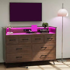 Storage cabinet, 8 drawer dresser with LED lights and charging station, wooden chest of drawers, open space, entryway, living room storage organizer