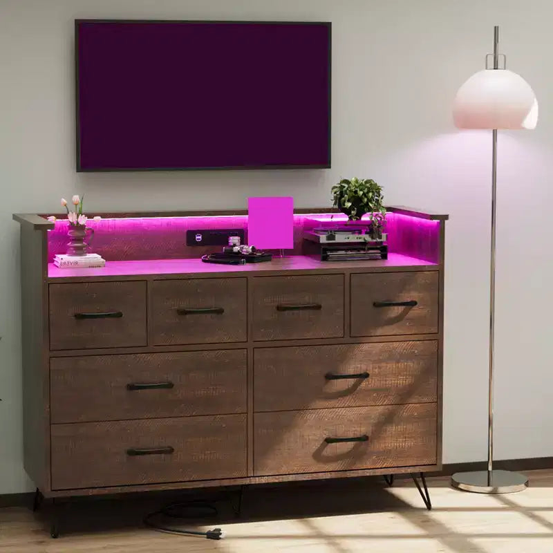 Storage cabinet, 8 drawer dresser with LED lights and charging station, wooden chest of drawers, open space, entryway, living room storage organizer