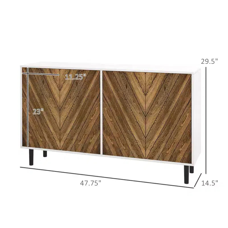 Mobile credenza, Armadietto da cucina a buffet con ripiani regolabili, 4 ante a spina di pesce e gambe in legno di pino