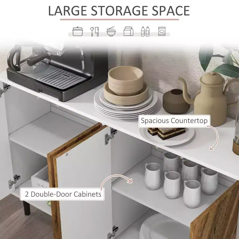 Mobile credenza, Armadietto da cucina a buffet con ripiani regolabili, 4 ante a spina di pesce e gambe in legno di pino