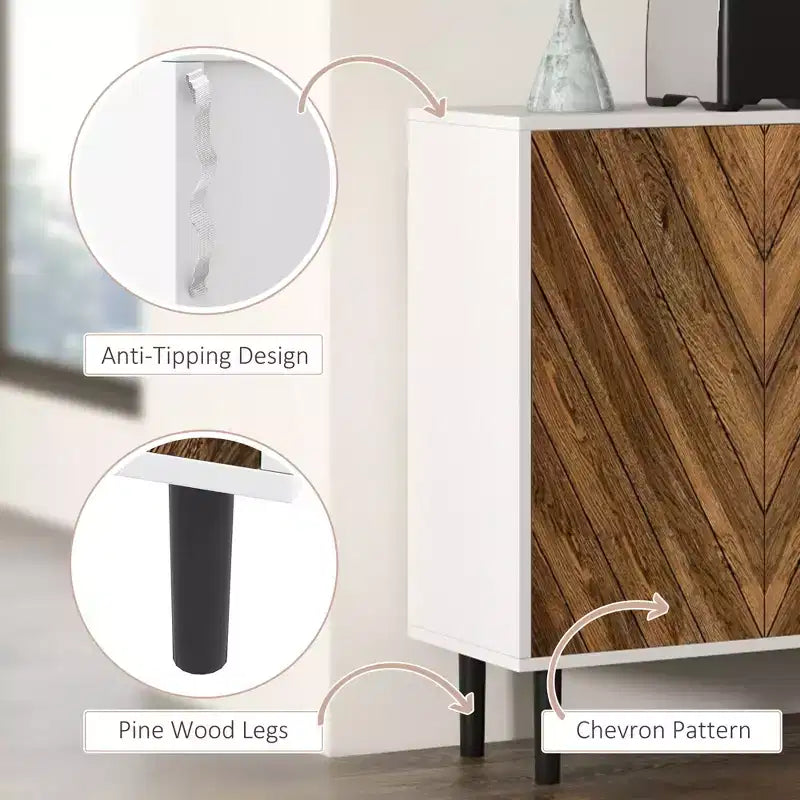 Mobile credenza, Armadietto da cucina a buffet con ripiani regolabili, 4 ante a spina di pesce e gambe in legno di pino