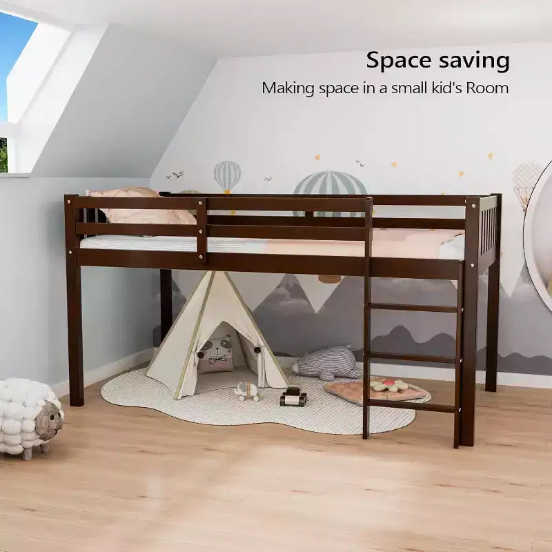 JOYMOR Letto a Soppalco Basso Singolo con Scale, Letto a Soffitta in Legno per Bambini, Struttura Letto Singolo in Legno di Pino, Nessuna Rete a Molle Necessaria, Espresso