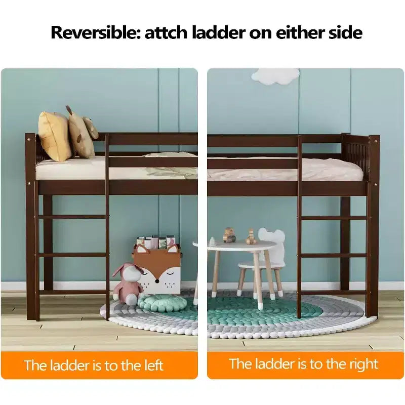 JOYMOR Letto a Soppalco Basso Singolo con Scale, Letto a Soffitta in Legno per Bambini, Struttura Letto Singolo in Legno di Pino, Nessuna Rete a Molle Necessaria, Espresso