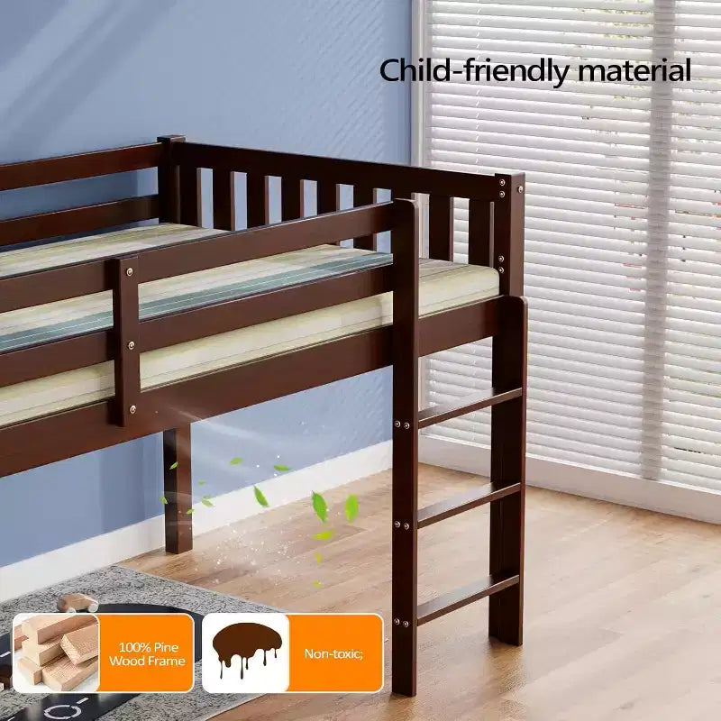 JOYMOR Letto a Soppalco Basso Singolo con Scale, Letto a Soffitta in Legno per Bambini, Struttura Letto Singolo in Legno di Pino, Nessuna Rete a Molle Necessaria, Espresso
