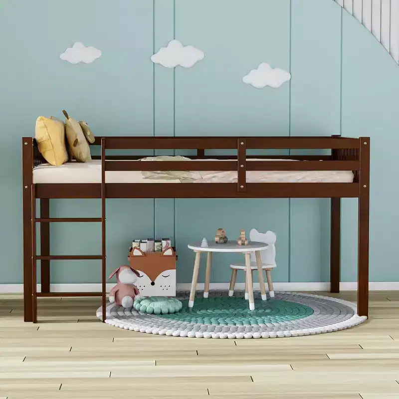 JOYMOR Letto a Soppalco Basso Singolo con Scale, Letto a Soffitta in Legno per Bambini, Struttura Letto Singolo in Legno di Pino, Nessuna Rete a Molle Necessaria, Espresso
