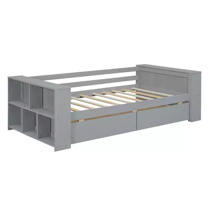 Struttura letto a giorno in legno per letto singolo con cassetti portaoggetti, struttura letto singolo con ripiani portaoggetti per bambini e bambine