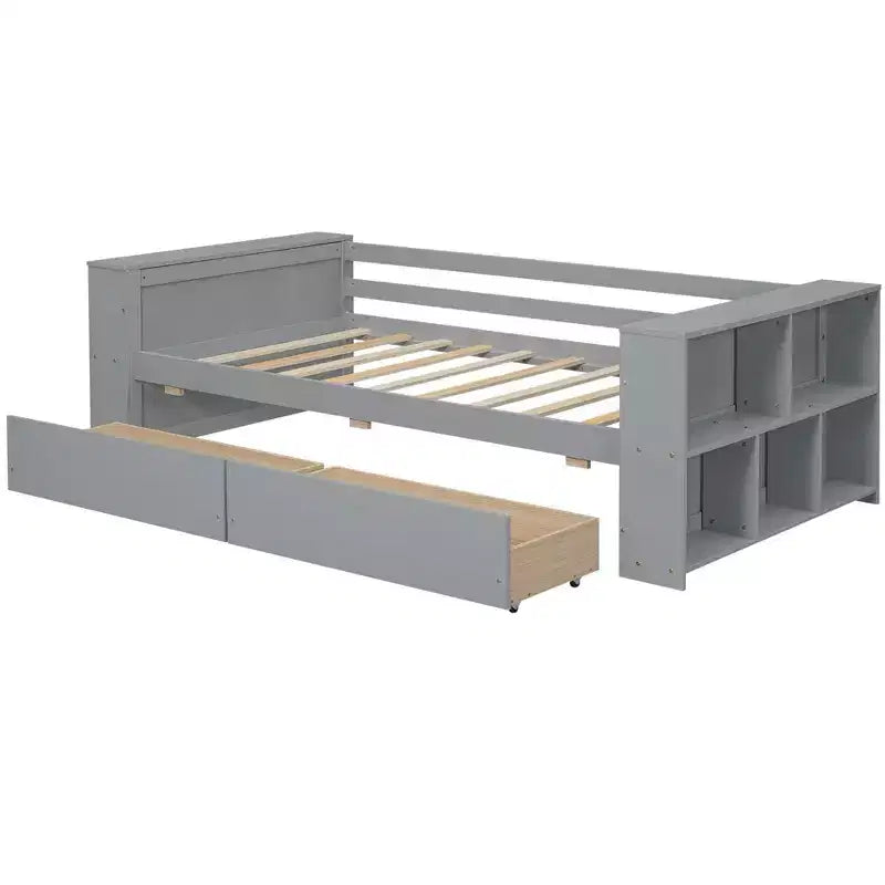 Struttura letto a giorno in legno per letto singolo con cassetti portaoggetti, struttura letto singolo con ripiani portaoggetti per bambini e bambine