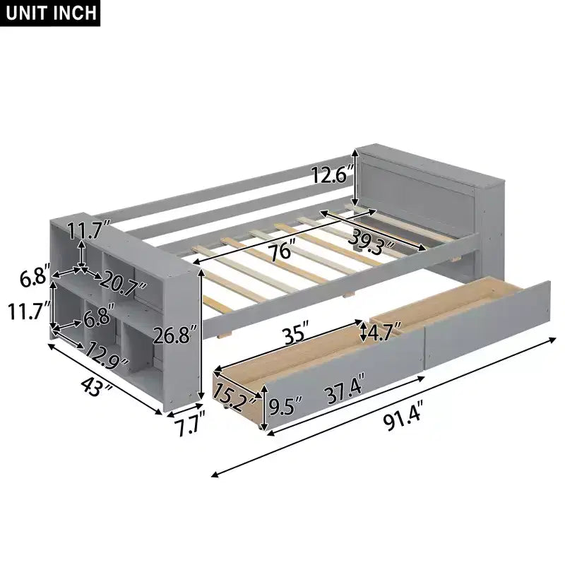 Struttura letto a giorno in legno per letto singolo con cassetti portaoggetti, struttura letto singolo con ripiani portaoggetti per bambini e bambine