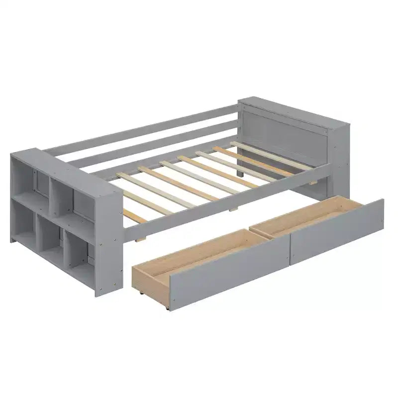 Struttura letto a giorno in legno per letto singolo con cassetti portaoggetti, struttura letto singolo con ripiani portaoggetti per bambini e bambine