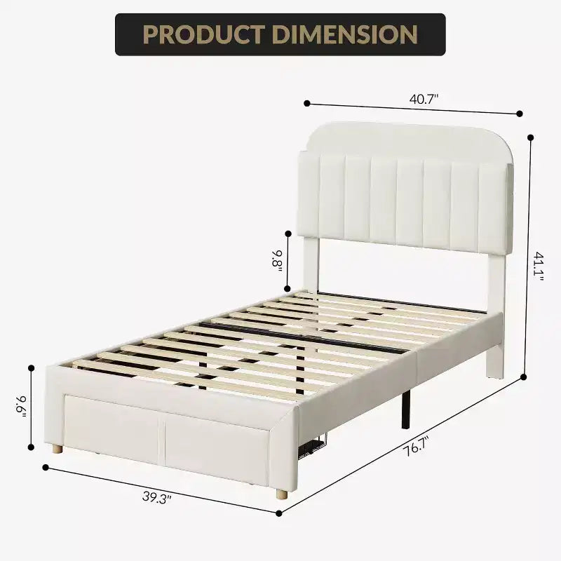 Acekool Struttura Letto Singolo per Bambini con Piattaforma Imbottita, Ampio Cassetto Contenitore e Testiera con Libreria, Silenzioso e Facile da Montare, Beige