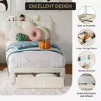 Acekool Struttura Letto Singolo per Bambini con Piattaforma Imbottita, Ampio Cassetto Contenitore e Testiera con Libreria, Silenzioso e Facile da Montare, Beige