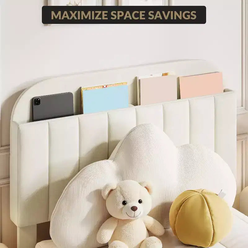 Acekool Struttura Letto Singolo per Bambini con Piattaforma Imbottita, Ampio Cassetto Contenitore e Testiera con Libreria, Silenzioso e Facile da Montare, Beige