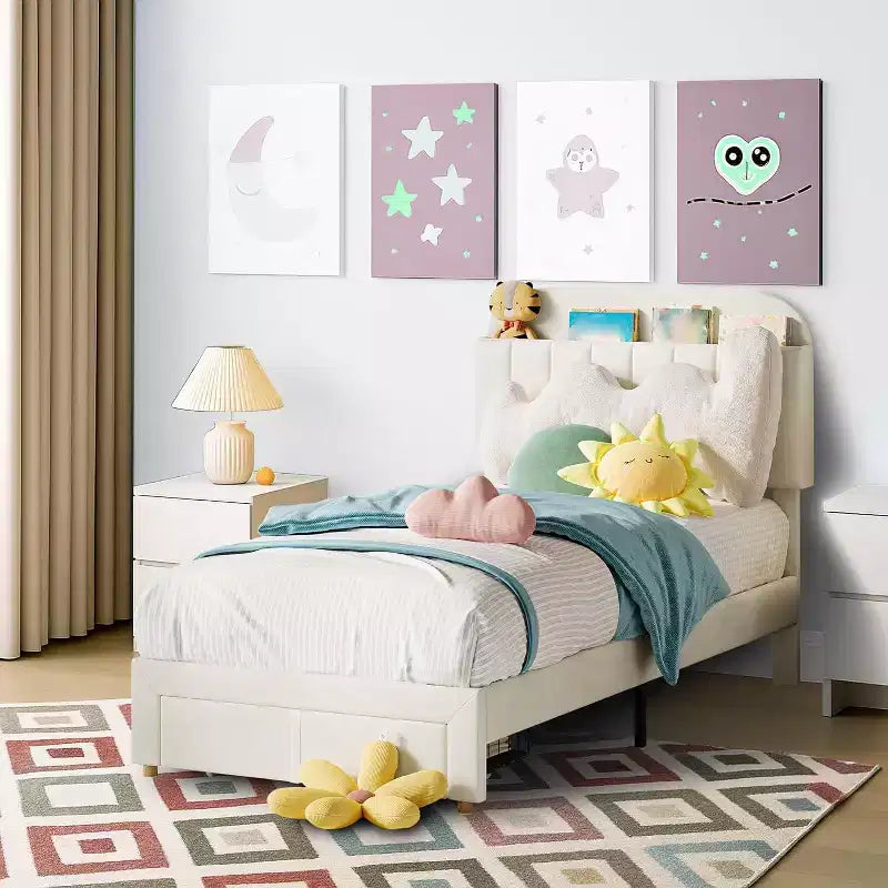 Acekool Struttura Letto Singolo per Bambini con Piattaforma Imbottita, Ampio Cassetto Contenitore e Testiera con Libreria, Silenzioso e Facile da Montare, Beige