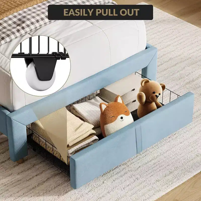 Acekool Struttura Letto Singolo per Bambini con Piattaforma Imbottita, Ampio Cassetto Contenitore e Testiera con Libreria, Silenzioso e Facile da Montare, Beige