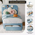 Acekool Struttura Letto Singolo per Bambini con Piattaforma Imbottita, Ampio Cassetto Contenitore e Testiera con Libreria, Silenzioso e Facile da Montare, Beige