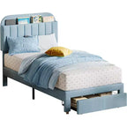 Acekool Struttura Letto Singolo per Bambini con Piattaforma Imbottita, Ampio Cassetto Contenitore e Testiera con Libreria, Silenzioso e Facile da Montare, Beige