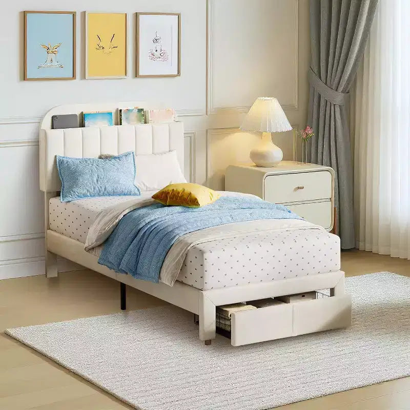 Acekool Struttura Letto Singolo per Bambini con Piattaforma Imbottita, Ampio Cassetto Contenitore e Testiera con Libreria, Silenzioso e Facile da Montare, Beige