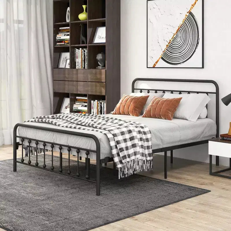 Okak Queen Size Bed Frame, Metal Platform Bed Frame with Headboard and Strong Slat Support for Bedroom, Living Room, Black