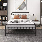 Struttura letto matrimoniale Okak Queen Size, struttura letto a piattaforma in metallo con testiera e robusto supporto a doghe per camera da letto, soggiorno, nero