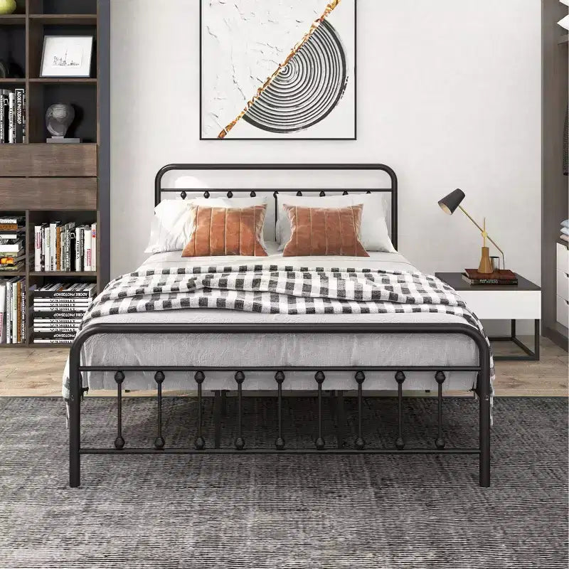 Struttura letto matrimoniale Okak Queen Size, struttura letto a piattaforma in metallo con testiera e robusto supporto a doghe per camera da letto, soggiorno, nero